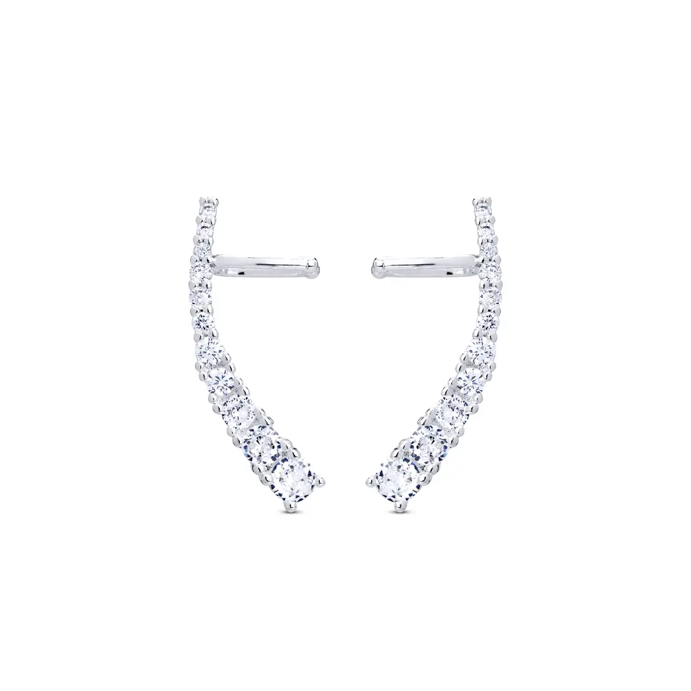 Brinco  Prata Leve Ear Cuff Com Zircônias Intercaladas