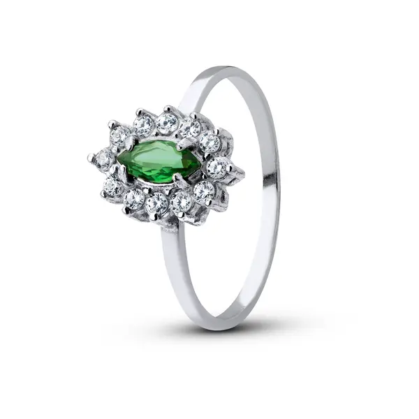 Anel Prata Pedra Zircônia Branca E No Meio Verde