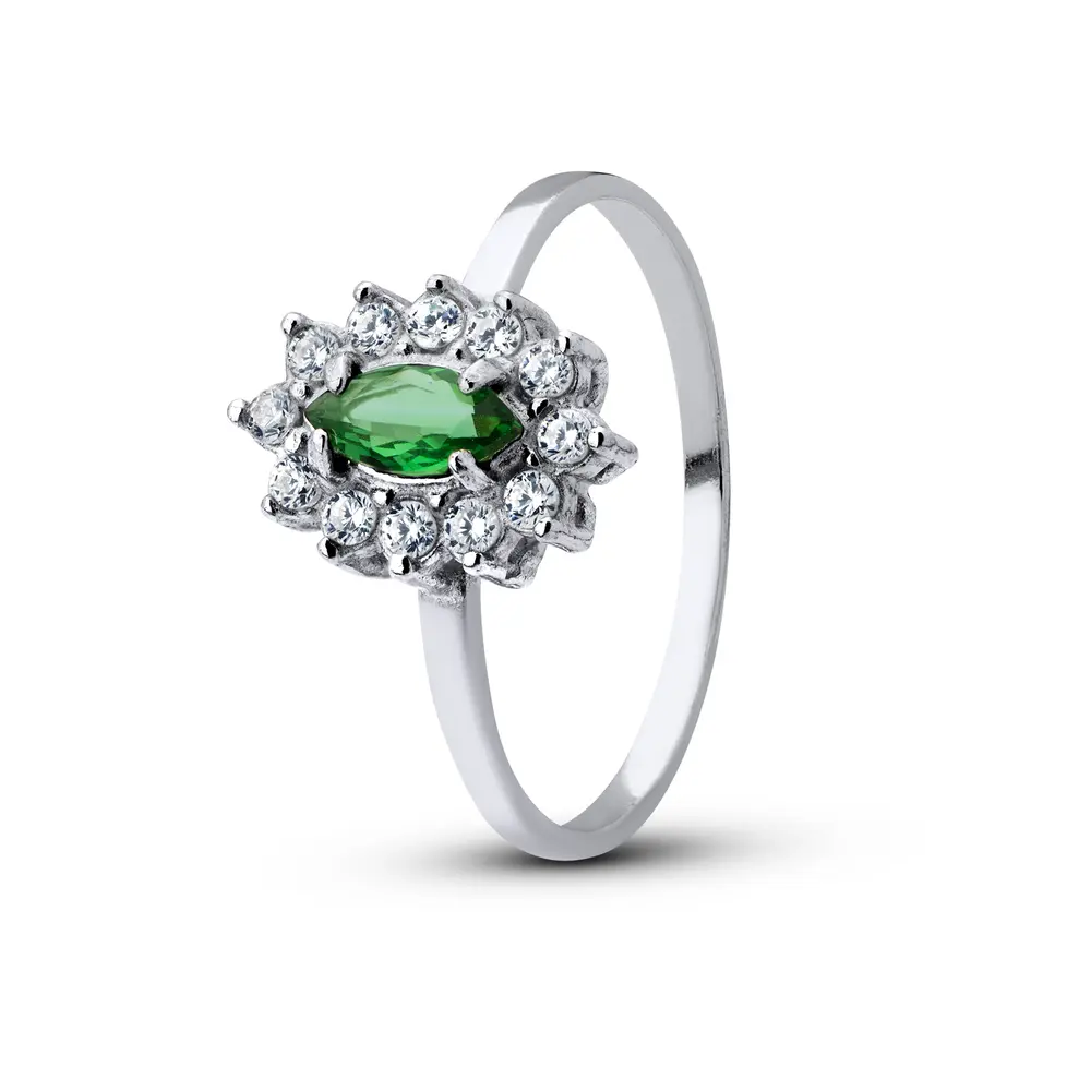 Anel Prata Pedra Zircônia Branca E No Meio Verde