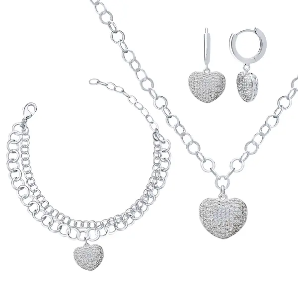 Conjunto Prata Leve Precious Coração Cravejado