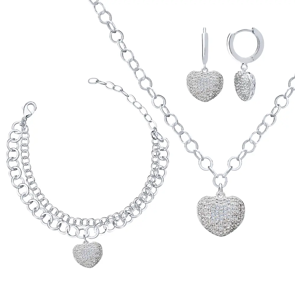 Conjunto Prata Leve Precious Coração Cravejado