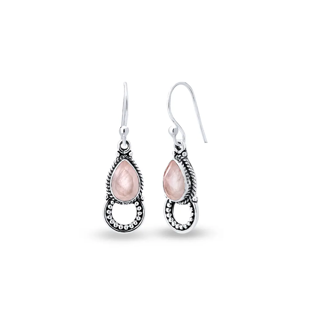 Brinco Prata Gancho Detalhes Envelhecido  Quartzo Rosa