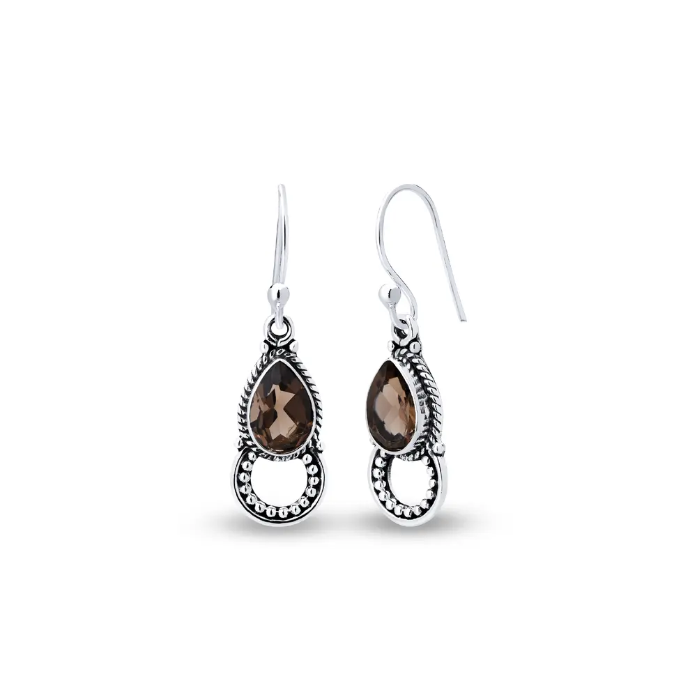 Brinco Prata Gancho Detalhes Envelhecido  Cristal  Fumê
