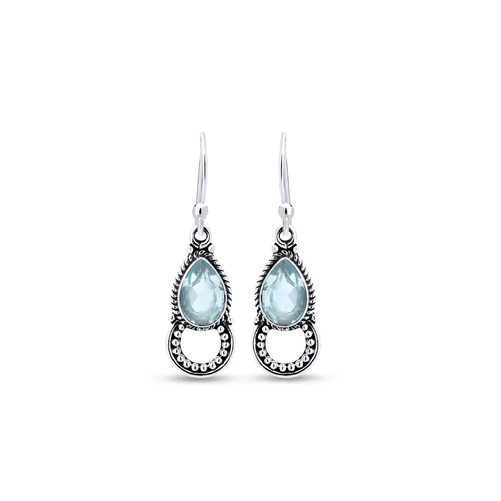 Brinco Prata Gancho Detalhes Envelhecido  Pedra Natural Topázio Azul