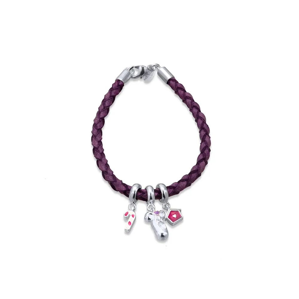 Pulseira Prata Infantil Couro Lilas Pingentes Esmaltado