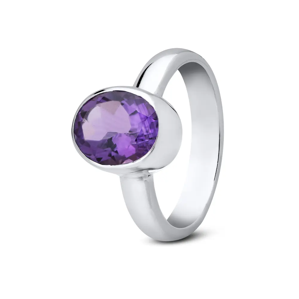 Anel  Prata Pedra Natural De Ametista