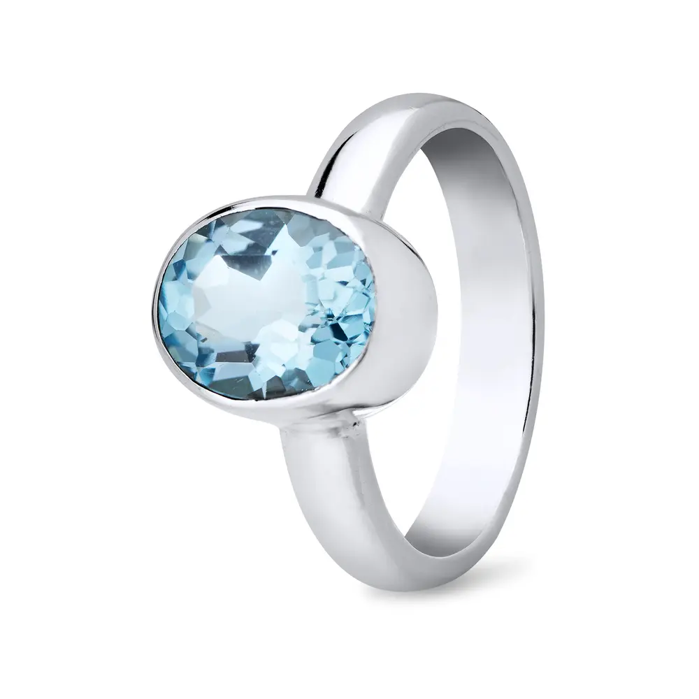 Anel  Prata Pedra Natural Topazio Azul