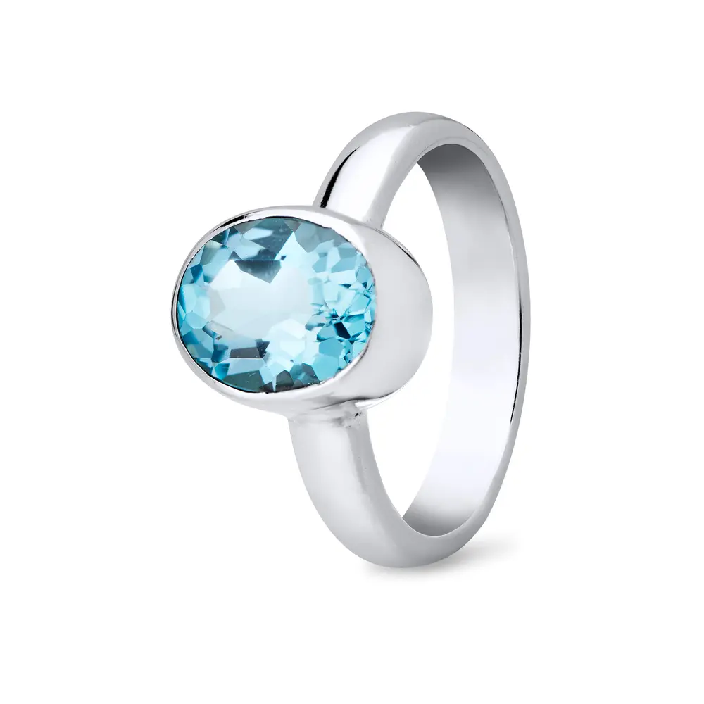 Anel  Prata Pedra Natural Topazio Azul