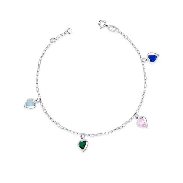 Pulseira Prata Com Corações  De Zircônias Coloridas