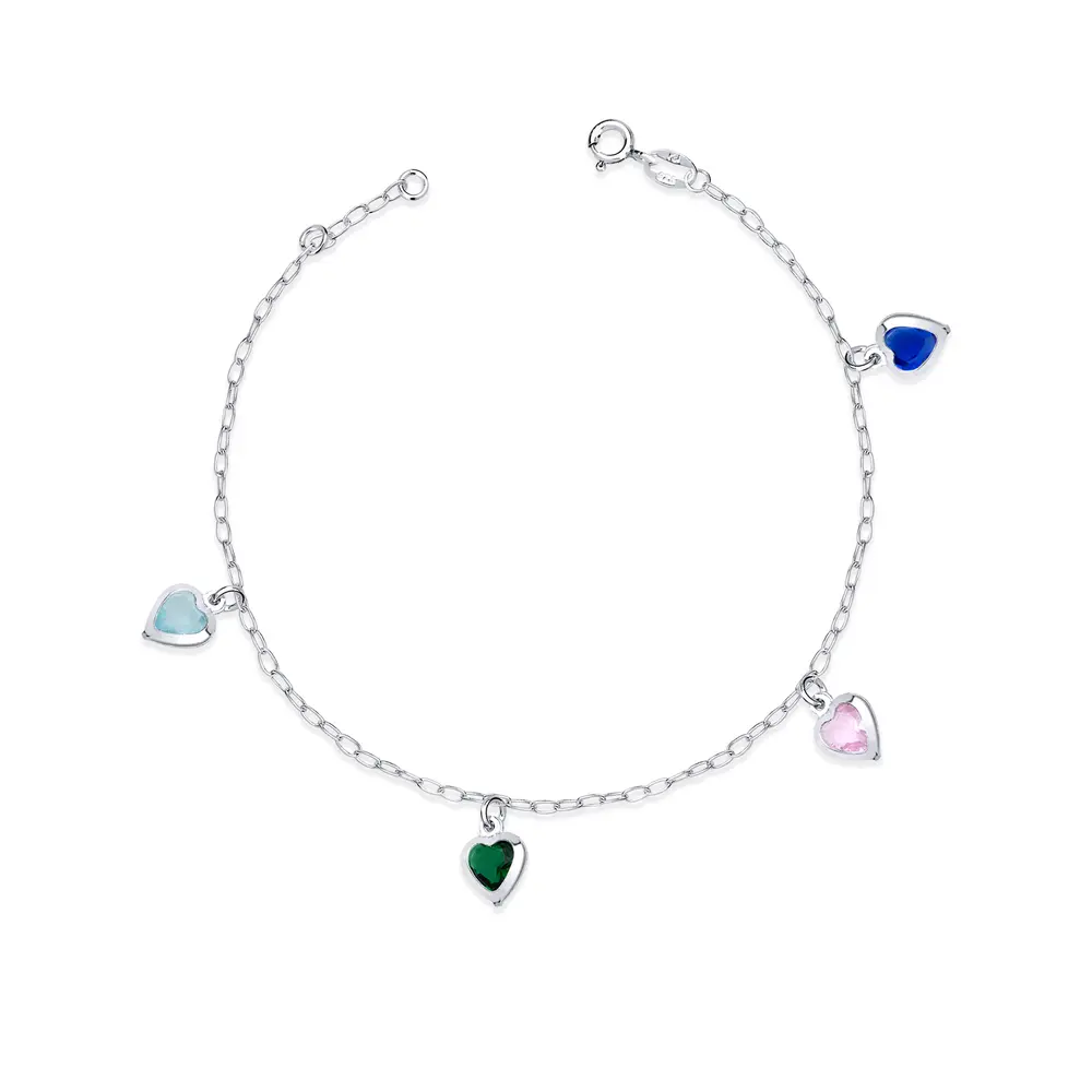 Pulseira Prata Com Corações  De Zircônias Coloridas