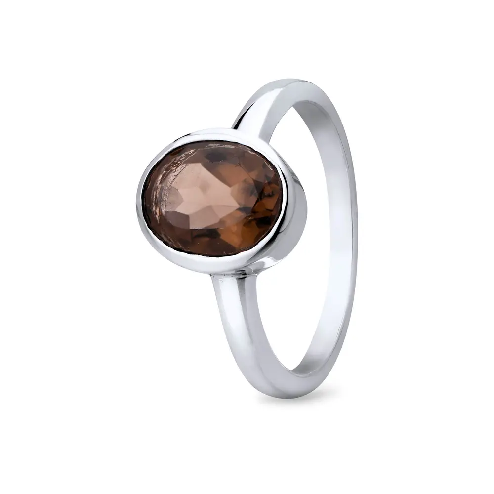 Anel  Prata Pedra Natural Cristal Fumê