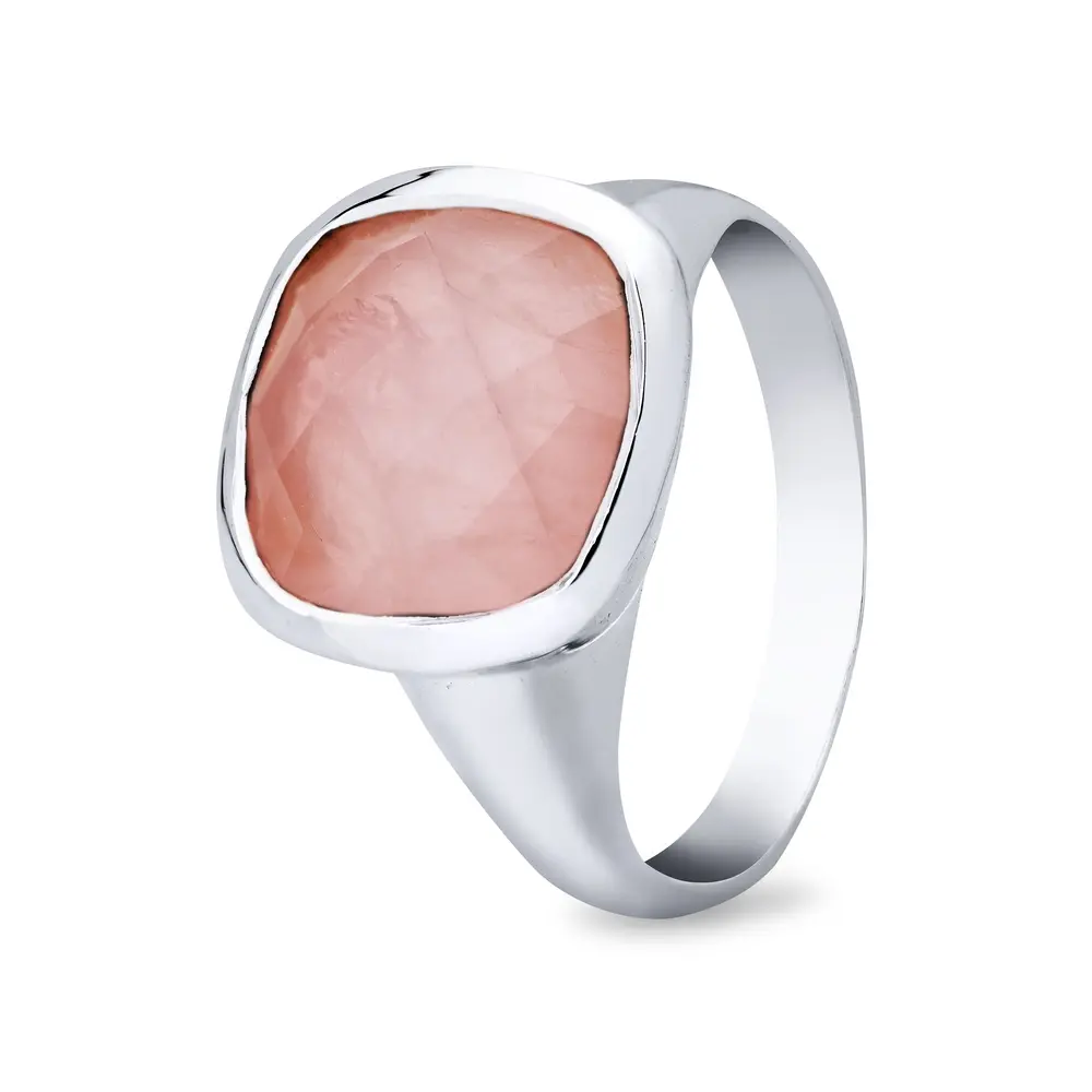 Anel  Prata Pedra Natural Quartzo Rosa
