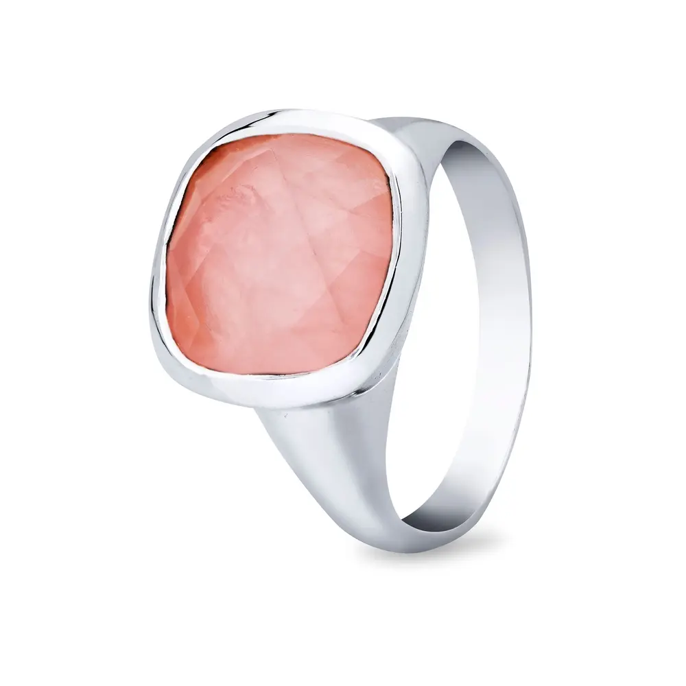 Anel  Prata Pedra Natural Quartzo Rosa