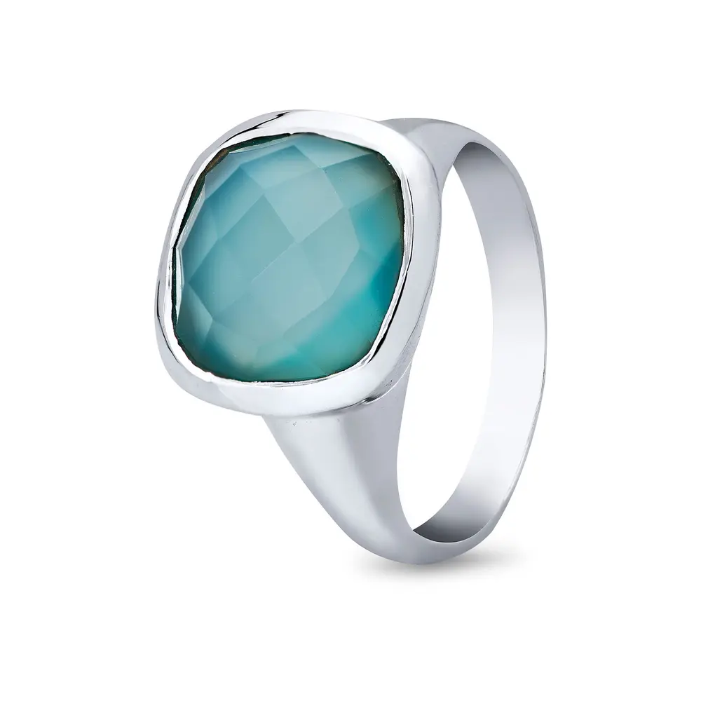 Anel  Prata Pedra Natural De Calcedônia Verde