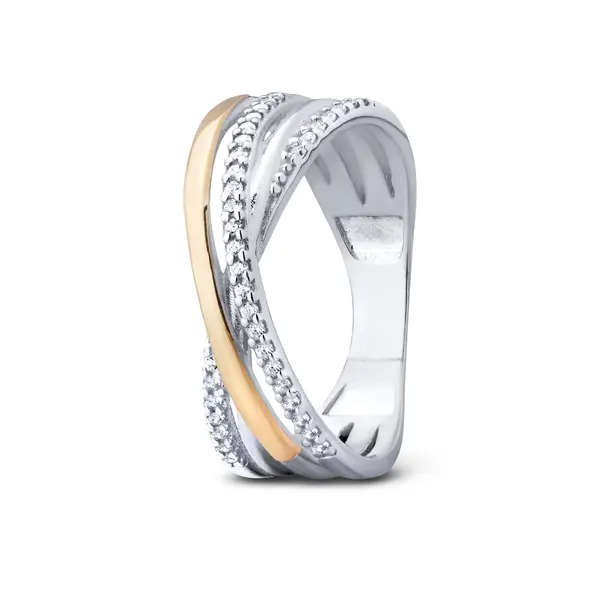 Anel Prata com Filete em Ouro 10K e Dois Fios de Zircônias