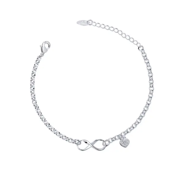 Pulseira  Prata  leve   Infinito E Coração Com Zircônias