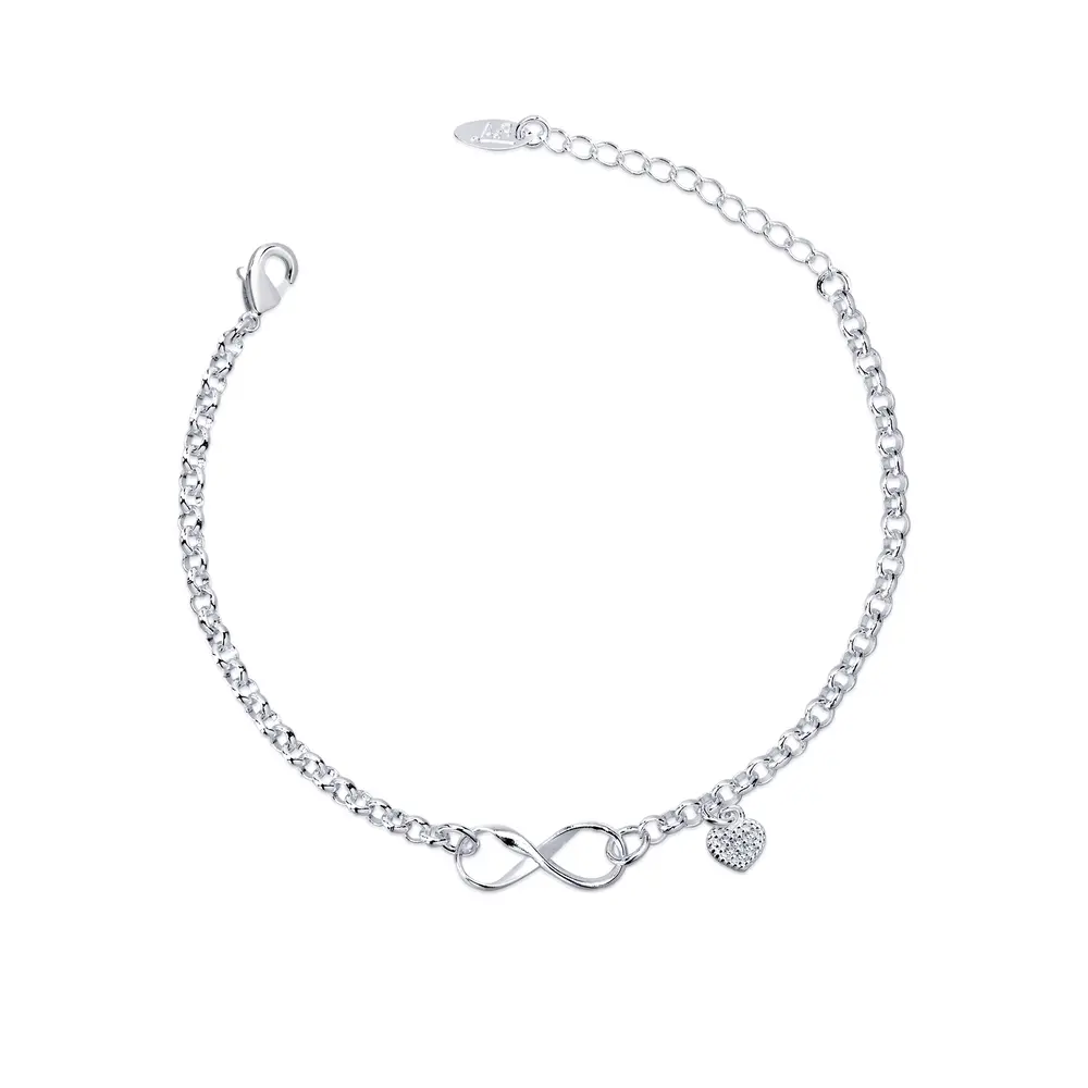 Pulseira  Prata  leve   Infinito E Coração Com Zircônias