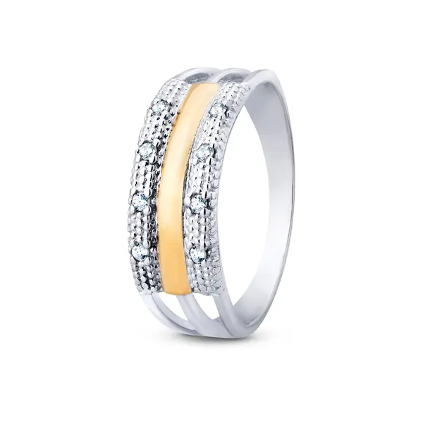 Anel Prata com Filete em Ouro 10K e Zircônias