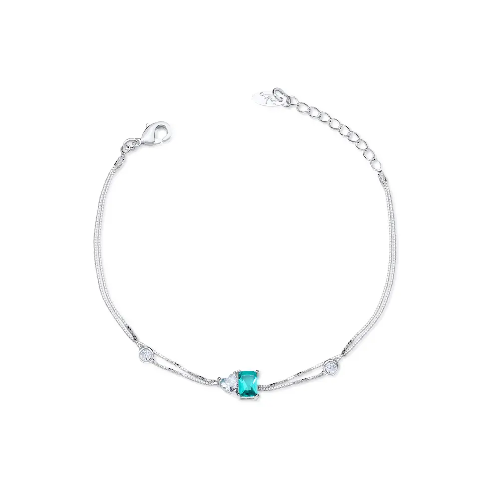 Pulseira Prata  Leve  Com Zircônias Brancas E Verde