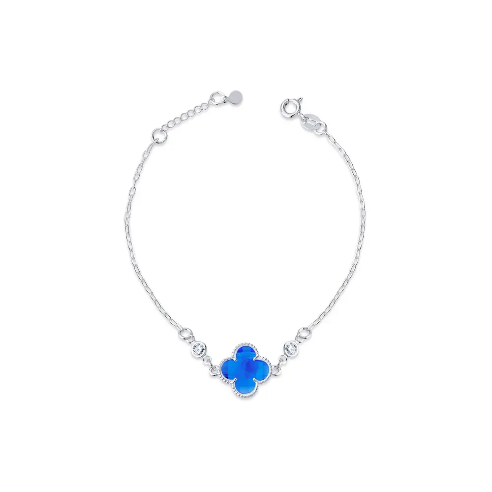 Pulseira Prata Leve Trevo Azul Escuro Com Zircônias