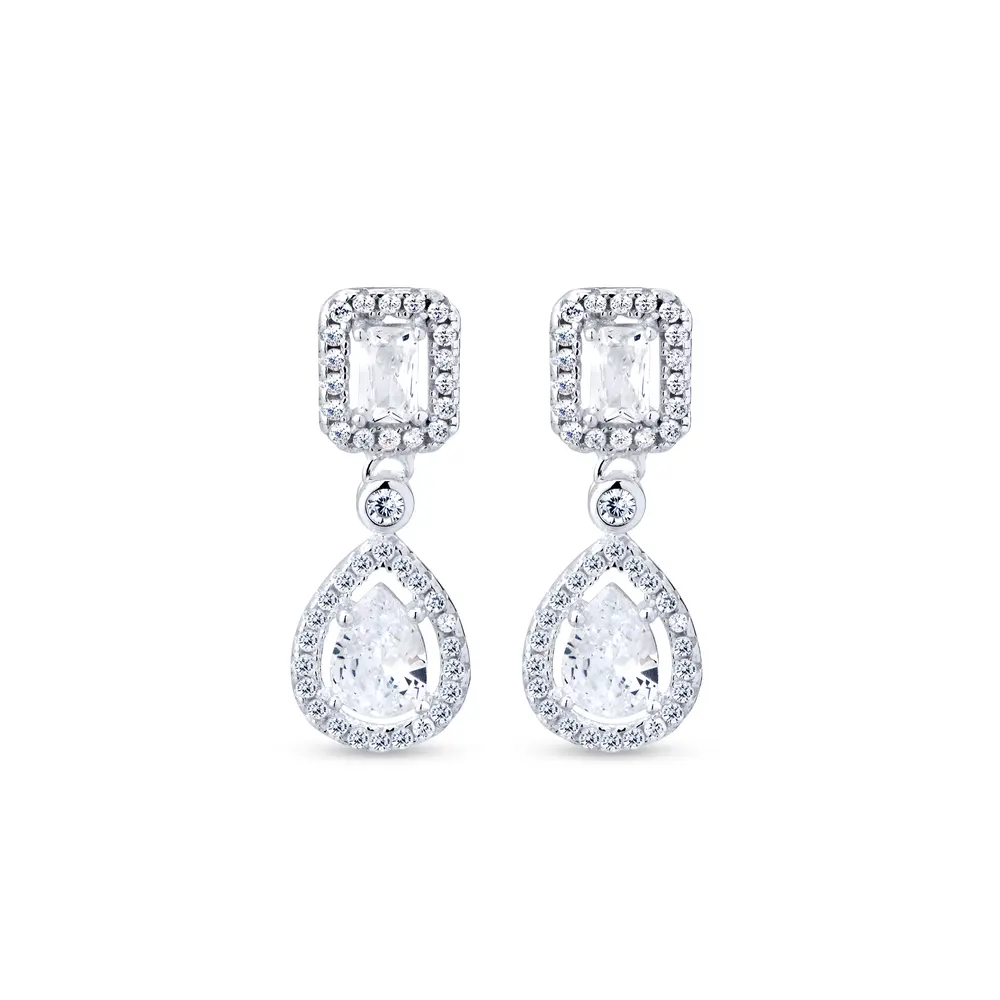 Brinco  Prata  Com Zircônias Gota Pendurada