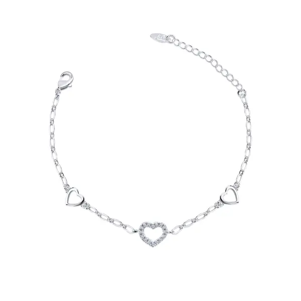 Pulseira  Prata Leve   Corações Lisos E Com Zircônias