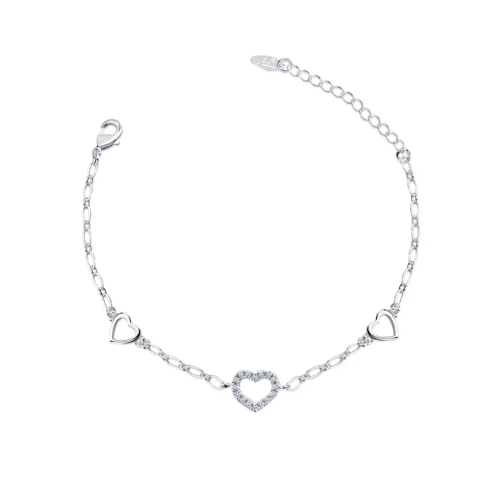 Pulseira  Prata Leve   Corações Lisos E Com Zircônias
