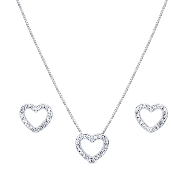 Conjunto Prata Coração Com Zircônias Brancas