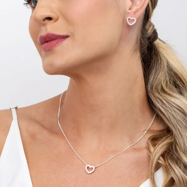 Conjunto Prata Coração Com Zircônias Brancas