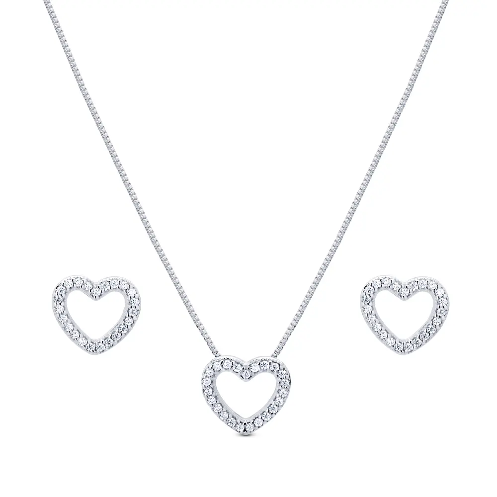 Conjunto Prata Coração Com Zircônias Brancas