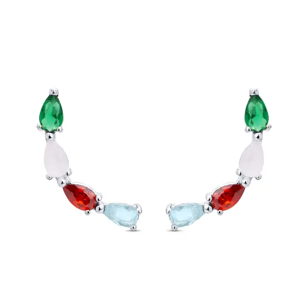 Brinco Prata Leve   Ear Cuff Com  Zircônias Colorido