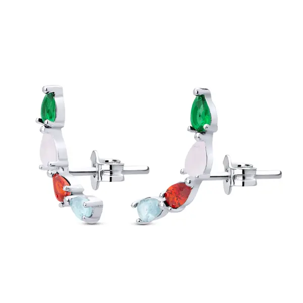Brinco Prata Leve   Ear Cuff Com  Zircônias Colorido