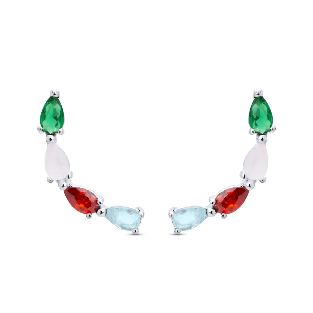 Brinco Prata Leve   Ear Cuff Com  Zircônias Colorido