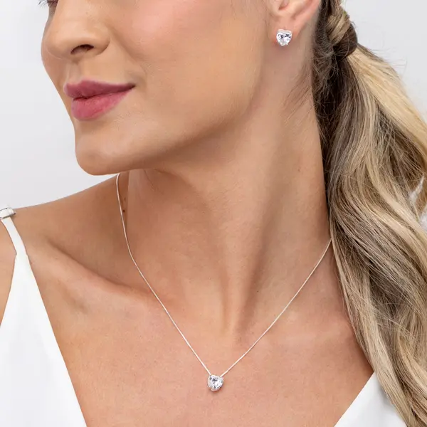 Conjunto Prata Coração  Com Zircônia Branca