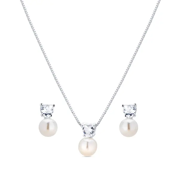 Conjunto Prata Pérola Com  Coração De Zircônia Branca