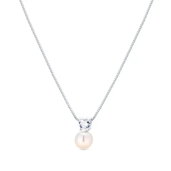 Conjunto Prata Pérola Com  Coração De Zircônia Branca