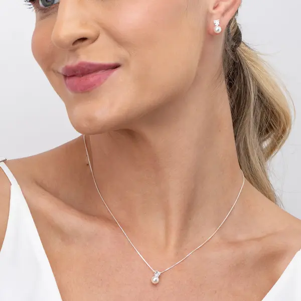 Conjunto Prata Pérola Com  Coração De Zircônia Branca