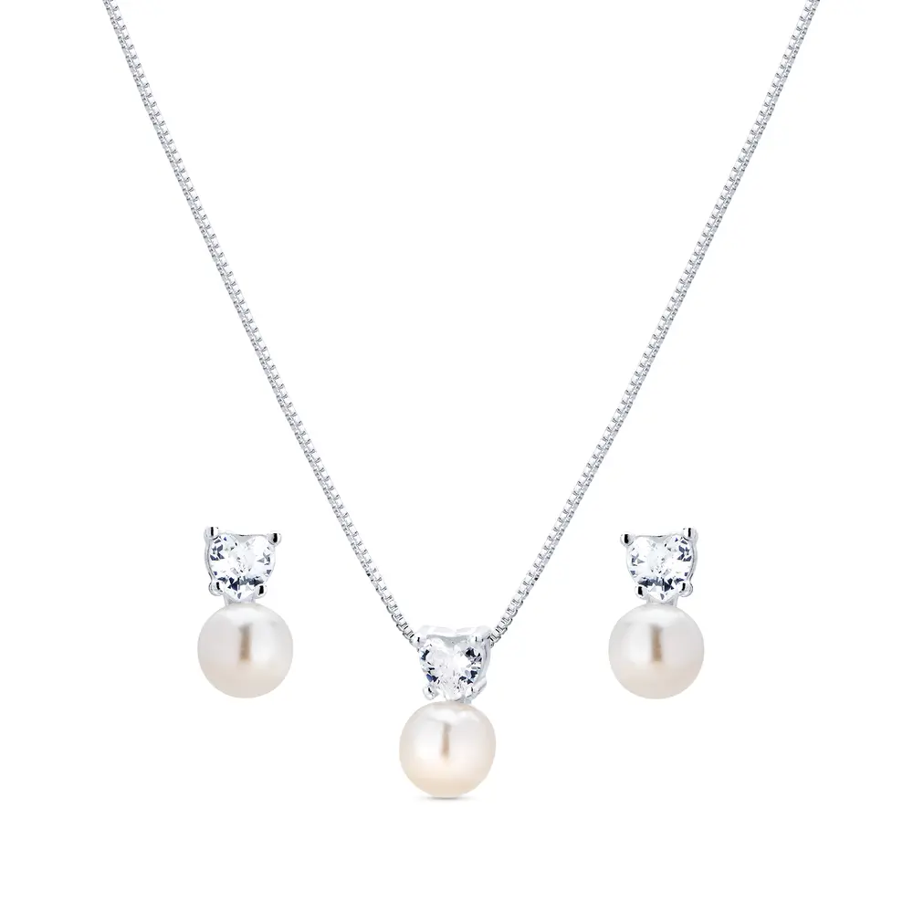 Conjunto Prata Pérola Com  Coração De Zircônia Branca