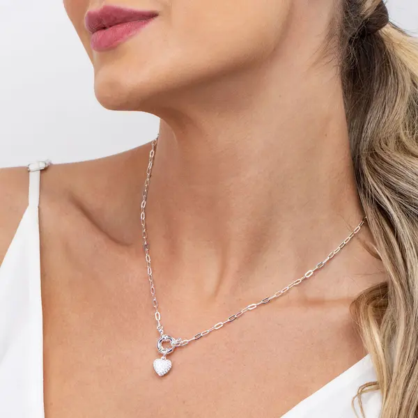 Colar Prata Leve Malha Cartier Com Coração Cravejado de Zircônias