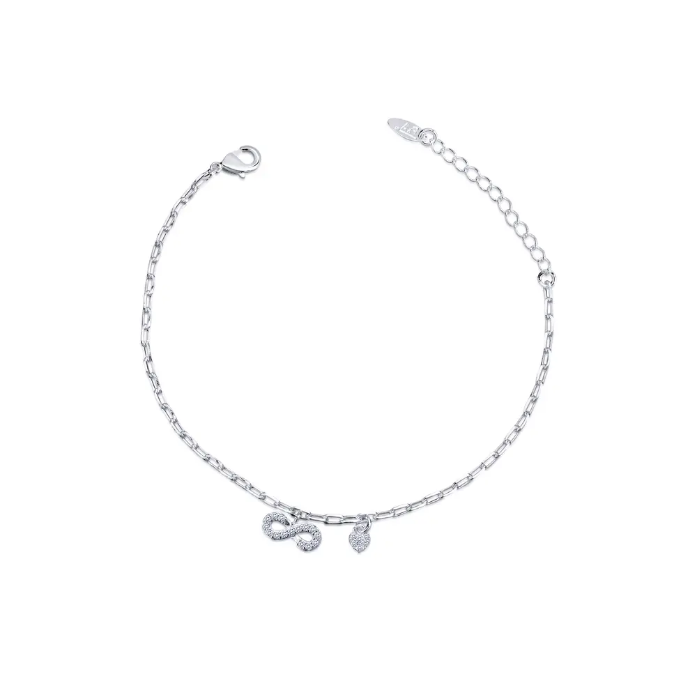 Pulseira  Prata Leve Malha Cartier Infinito E Coração Com Zircônias