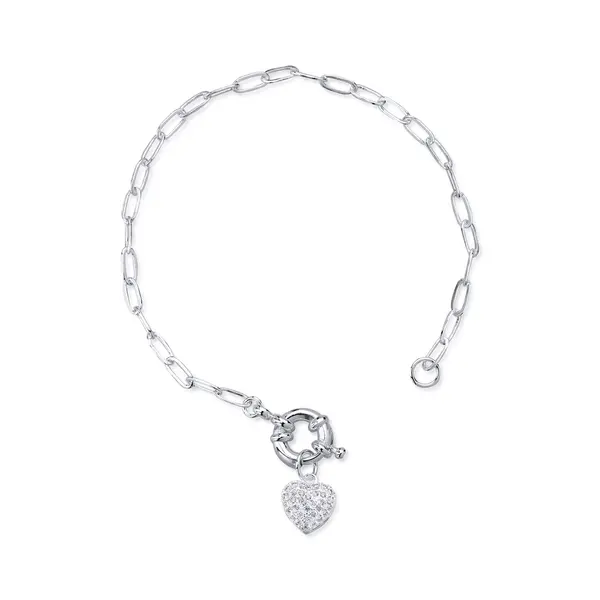 Pulseira Prata Leve Malha Cartier Com Coração Cravejado de Zircônias
