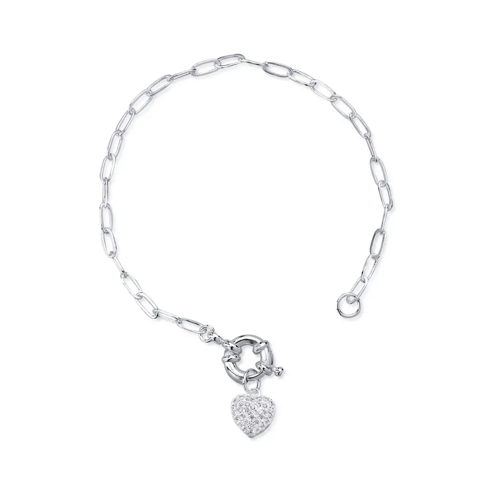 Pulseira Prata Leve Malha Cartier Com Coração Cravejado de Zircônias