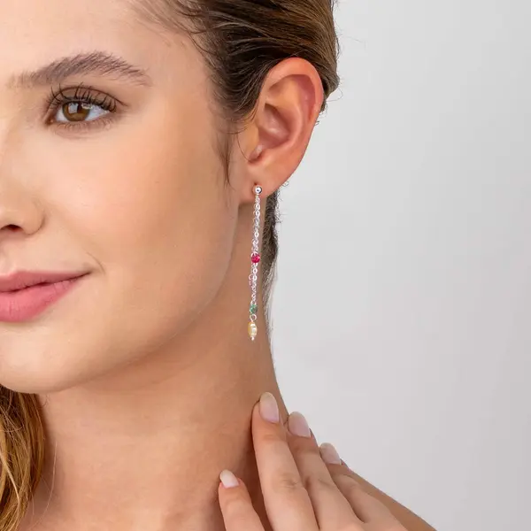 Brinco Prata  Leve Com Zircônias Coloridas E Madrepérolas
