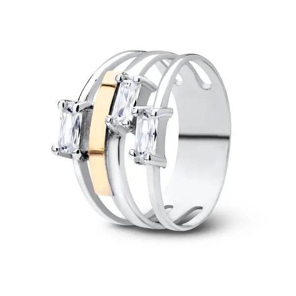 Anel Prata com Aplique em Ouro 10K e Pedras de Zircônia