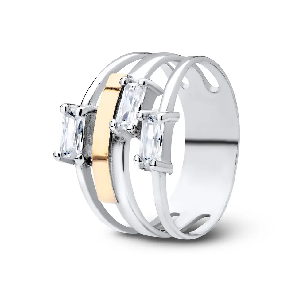 Anel Prata com Aplique em Ouro 10K e Pedras de Zircônia