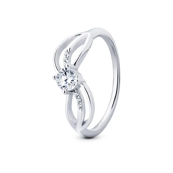 Anel Prata Com Zircônia  Redonda  No Meio E Ondas  Nas Laterais