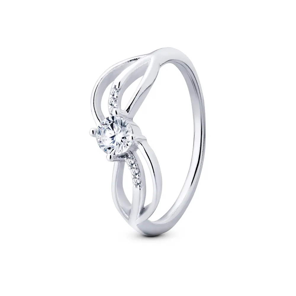 Anel Prata Com Zircônia  Redonda  No Meio E Ondas  Nas Laterais