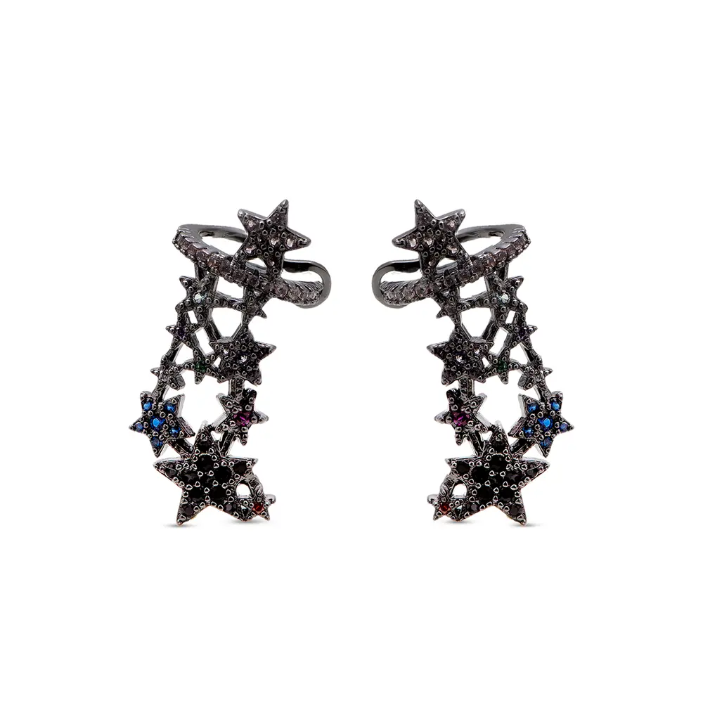 Brinco Ear Cuff Ródio Negro Estrelas Zircônia