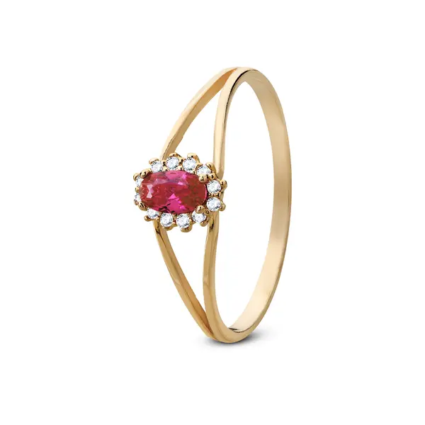 Anel Ouro 18K Zircônia Vermelha Com Brancas Em Volta