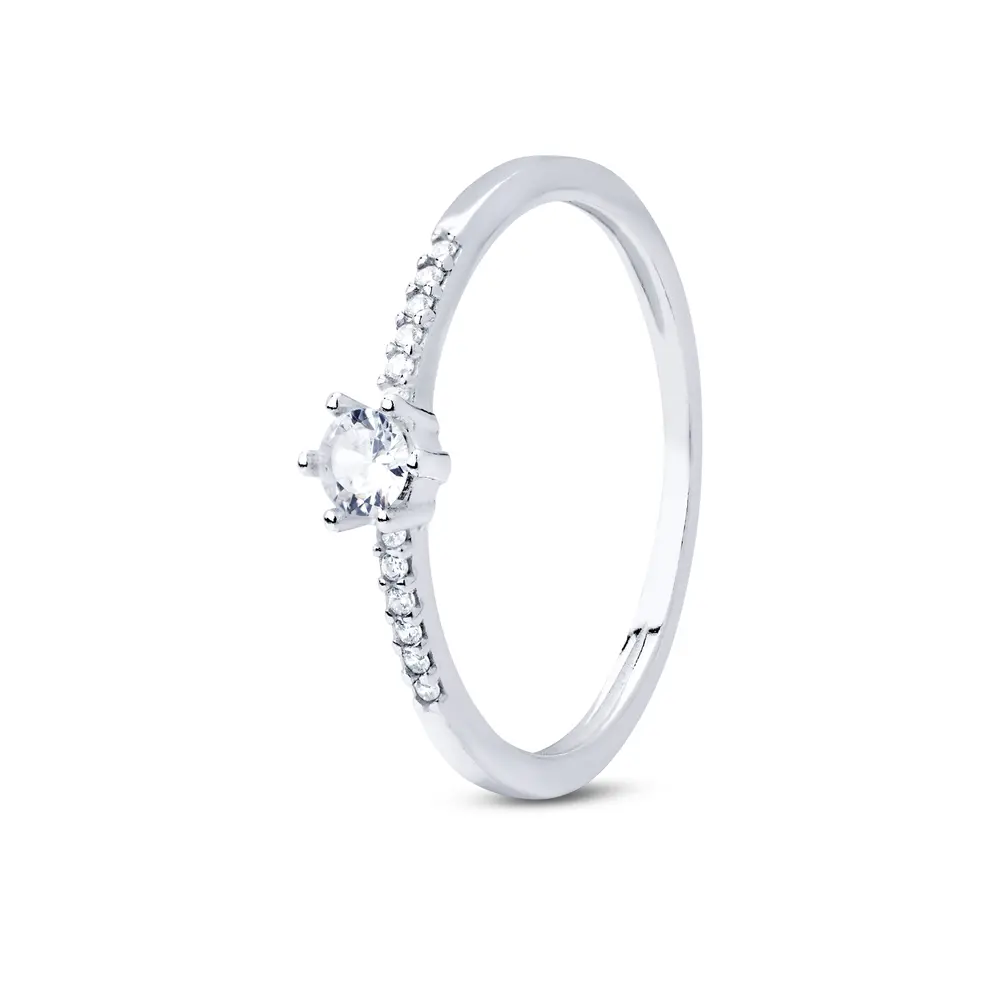 Anel Prata Solitário com Zircônias 6 Garras